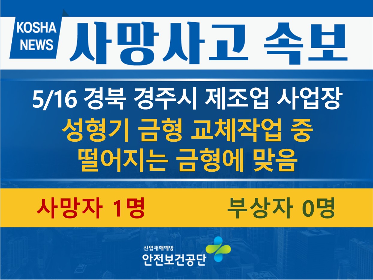 [5/16, 경북 경주시] 성형기 금형 교체 중 떨어지는 금형에 맞음